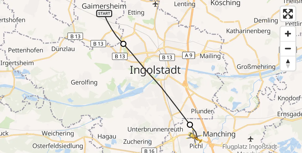 Flugroute Rettungshubschrauber Gaimersheim - Manching, 21 Juli 2026, 11:09