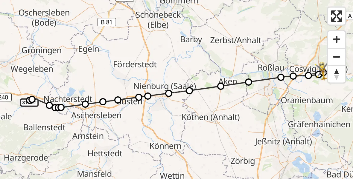 Flugroute Rettungshubschrauber Harz Hospital Quedlinburg - MediClin Heart Center Coswig Hubschrauberlandeplatz, 21 Juli 2026, 11:10