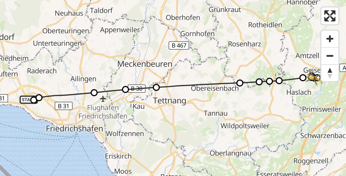 Flugroute Rettungshubschrauber Friedrichshafen Hospital - Wangen im Allgäu, 21 Juli 2026, 11:15