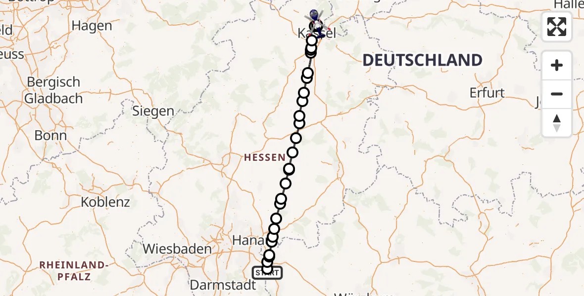 Flugroute Polizeihubschrauber Großostheim - Fuldatal Bundespolizei Hubschrauberlandeplatz, 21 Juli 2026, 11:22