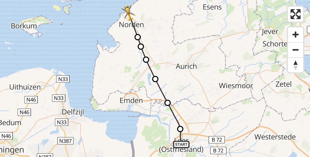Flugroute Ambulanzhubschrauber Leer (Ostfriesland) - Norden, 21 Juli 2026, 11:22