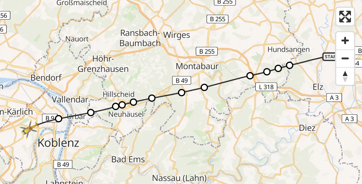 Flugroute Rettungshubschrauber Hadamar - Koblenz, 21 Juli 2026, 11:22