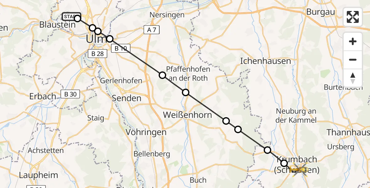 Flugroute Rettungshubschrauber Ulm Military Hospital Emergency - Krumbach (Schwaben), 21 Juli 2026, 11:23