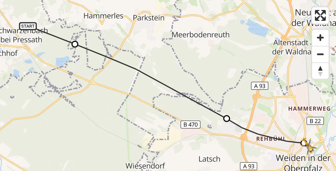 Flugroute Ambulanzhubschrauber Schwarzenbach - Weiden Hospital, 21 Juli 2026, 11:24