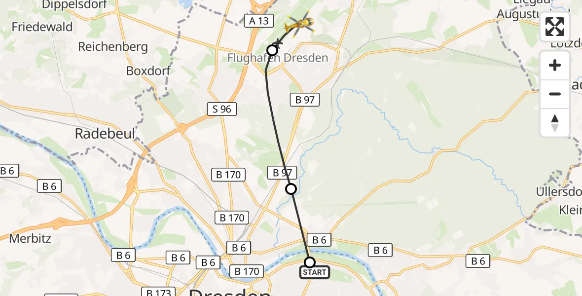 Flugroute Rettungshubschrauber Dresden University Hospital - Dresden Bundespolizei Hubschrauberlandeplatz, 21 Juli 2026, 11:25