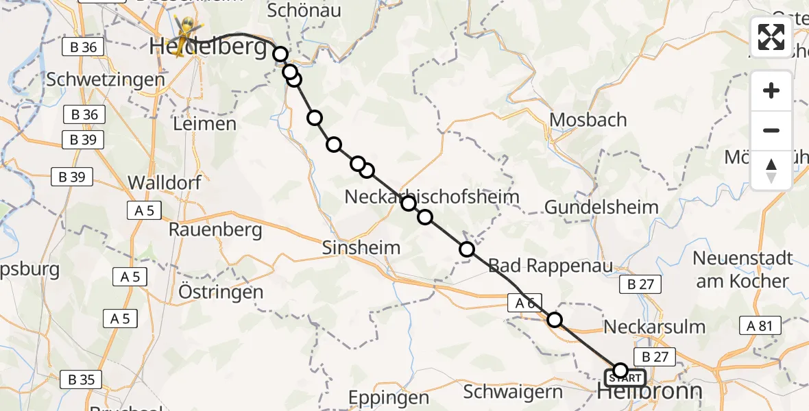 Flugroute Rettungshubschrauber Heilbronn Hospital - Heidelberg, 21 Juli 2026, 11:32
