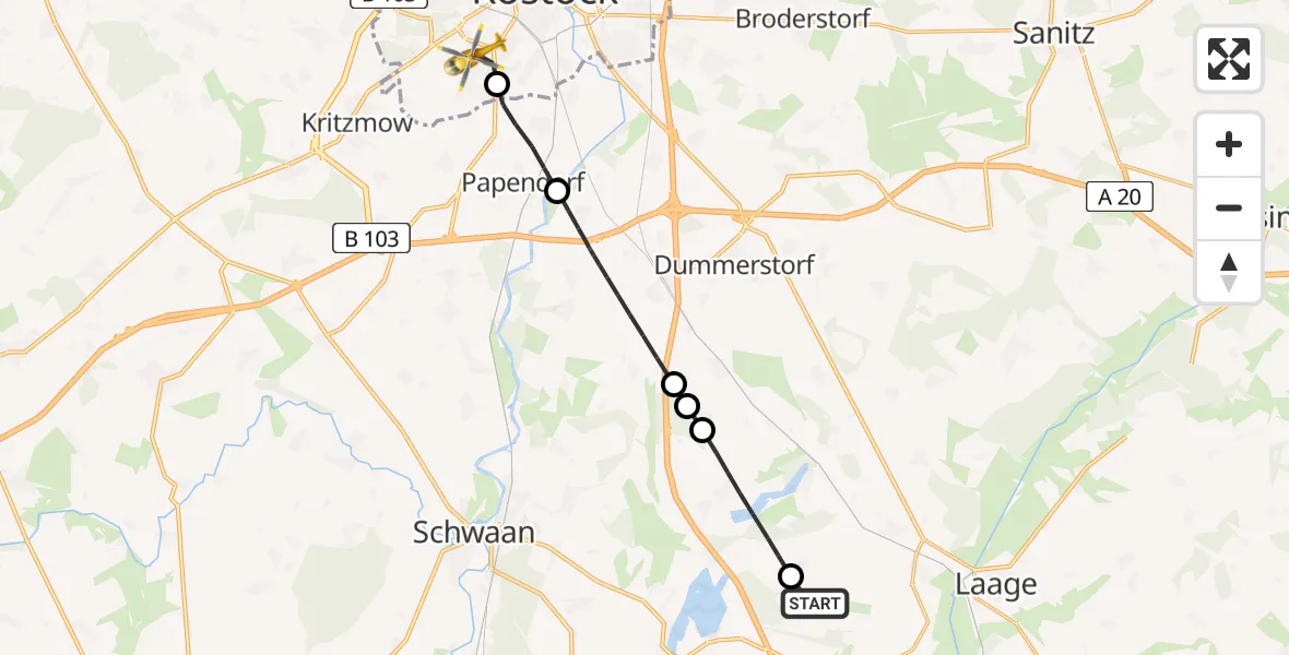Flugroute Rettungshubschrauber Flughafen Rostock-Laage - Rostock, 21 Juli 2026, 11:34