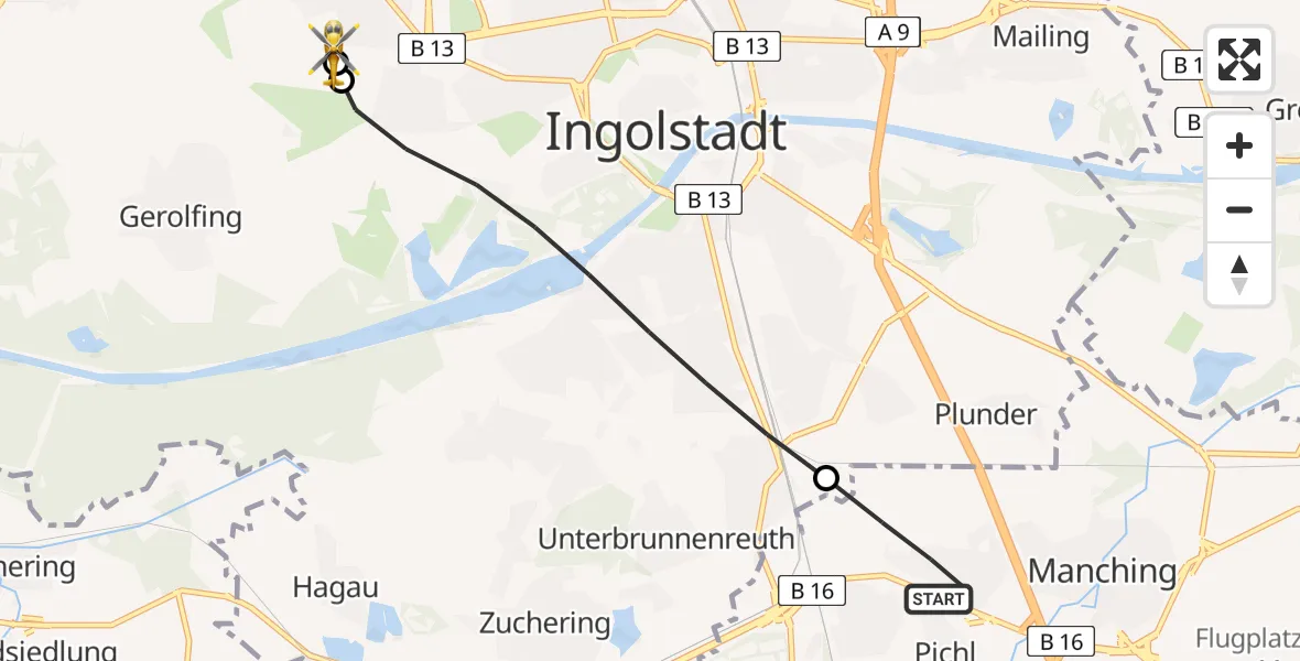 Flugroute Rettungshubschrauber Manching - Ingolstadt Hospital, 21 Juli 2026, 11:38