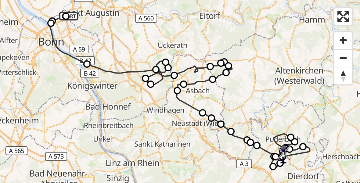 Flugroute Polizeihubschrauber Sankt Augustin - Raubach, 21 Juli 2026, 11:38