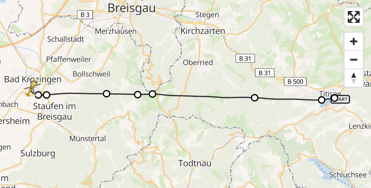 Flugroute Ambulanzhubschrauber Lenzkirch - Bad Krozingen, 21 Juli 2026, 11:42