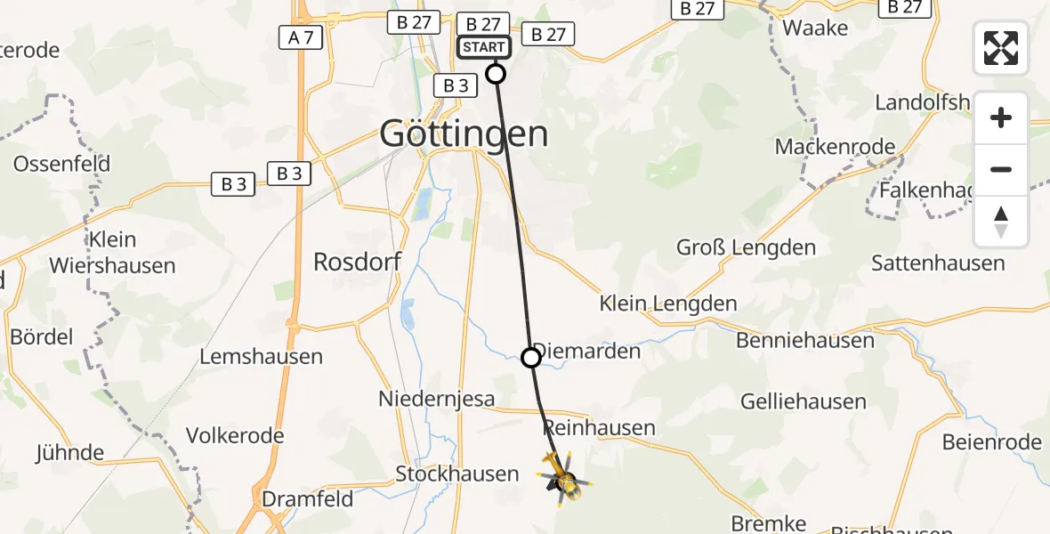 Flugroute Rettungshubschrauber Göttingen University Clinic Hubschrauberlandeplatz - Friedland, 21 Juli 2026, 11:42