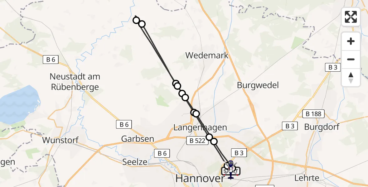 Flugroute Polizeihubschrauber Hannover Luftrettung Hubschrauberlandeplatz (Christoph 4) - Hannover Luftrettung Hubschrauberlandeplatz (Christoph 4), 21 Juli 2026, 11:43