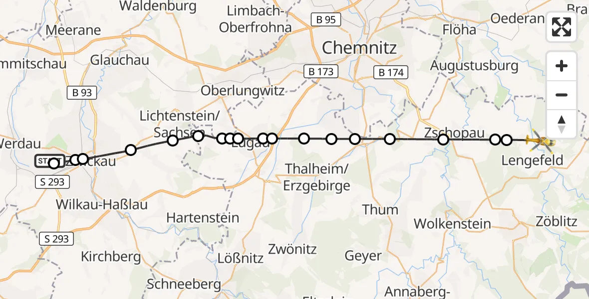Flugroute Rettungshubschrauber ADAC Air Rescue Station Zwickau Hubschrauberlandeplatz - Pockau-Lengefeld, 21 Juli 2026, 11:44