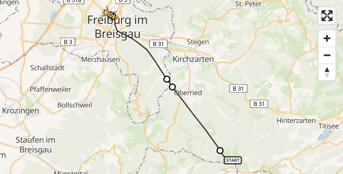 Flugroute Ambulanzhubschrauber Feldberg (Schwarzwald) - Freiburg University Hospital Heliport 1, 21 Juli 2026, 11:45