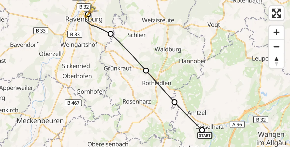 Flugroute Rettungshubschrauber Wangen im Allgäu - Sankt Elisabeth Hospital, 21 Juli 2026, 11:48