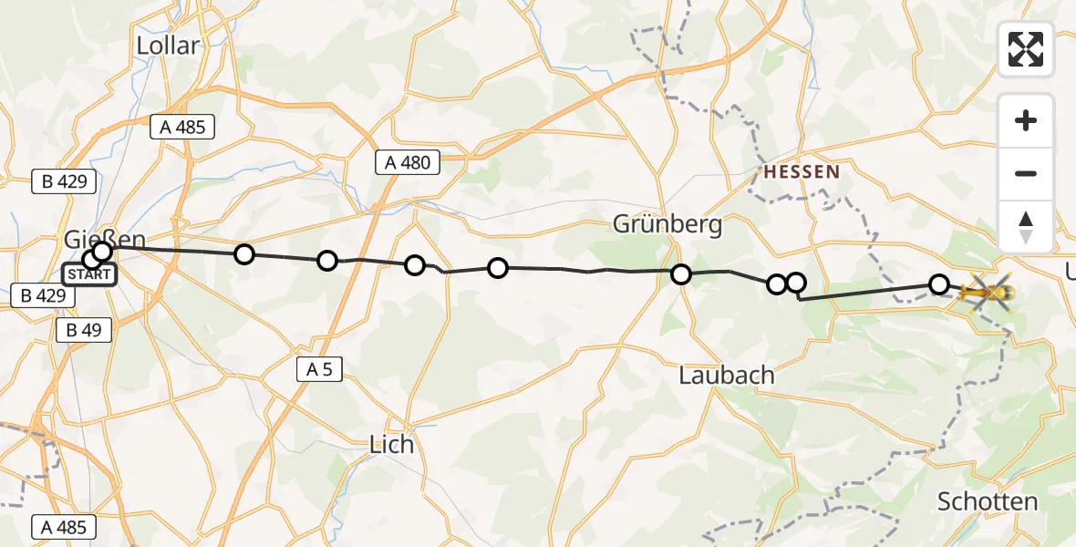 Flugroute Rettungshubschrauber Gießen University Hospital - Ulrichstein, 21 Juli 2026, 11:52