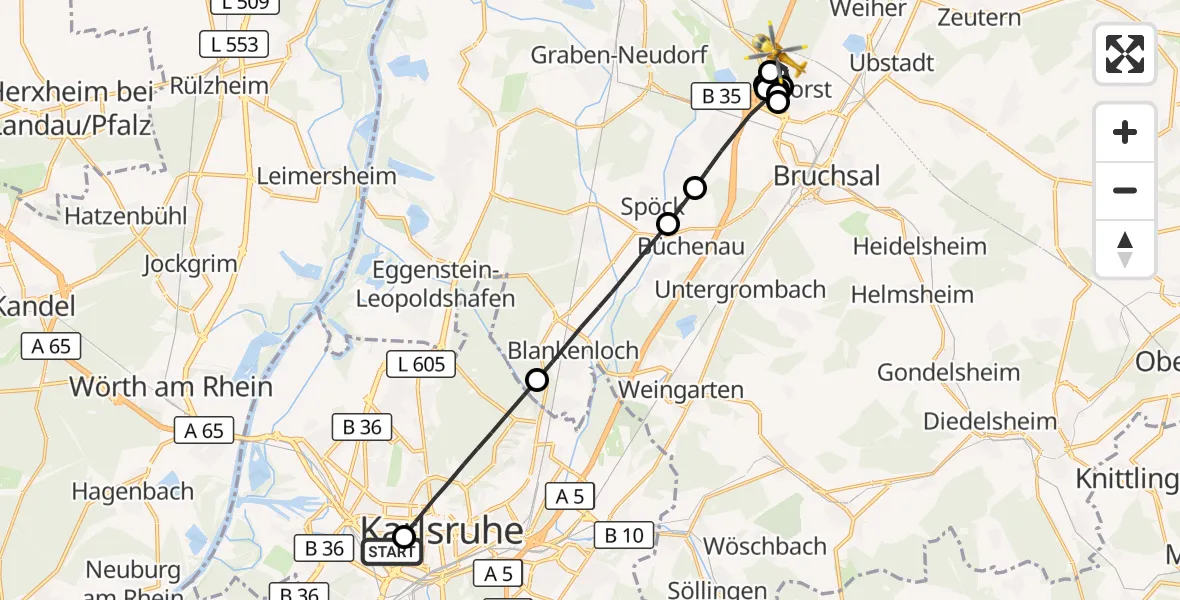 Flugroute Ambulanzhubschrauber Sankt Vincentius Hospital - Forst, 21 Juli 2026, 11:52