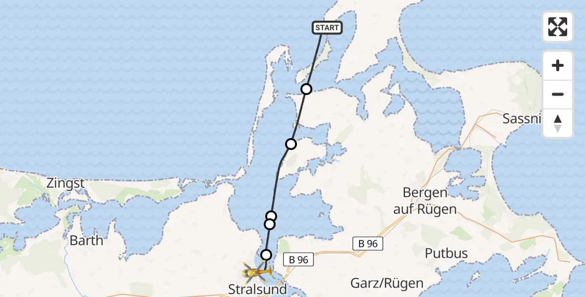 Flugroute Rettungshubschrauber Dranske - Stralsund, 21 Juli 2026, 11:58