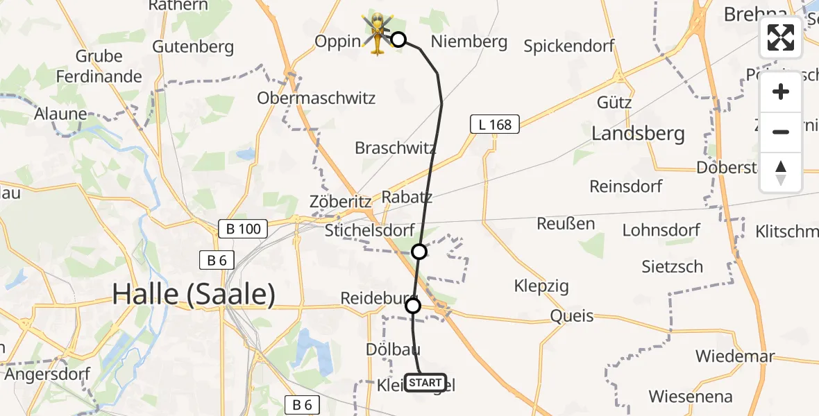 Flugroute Rettungshubschrauber Kabelsketal - Halle-Oppin Flugplatz, 21 Juli 2026, 12:00