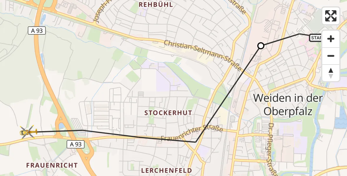 Flugroute Ambulanzhubschrauber Weiden Hospital - Weiden i.d.OPf., 21 Juli 2026, 12:03