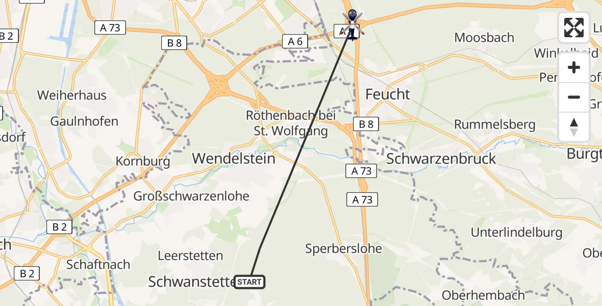 Flugroute Polizeihubschrauber Schwanstetten - Feuchter Forst, 21 Juli 2026, 12:06