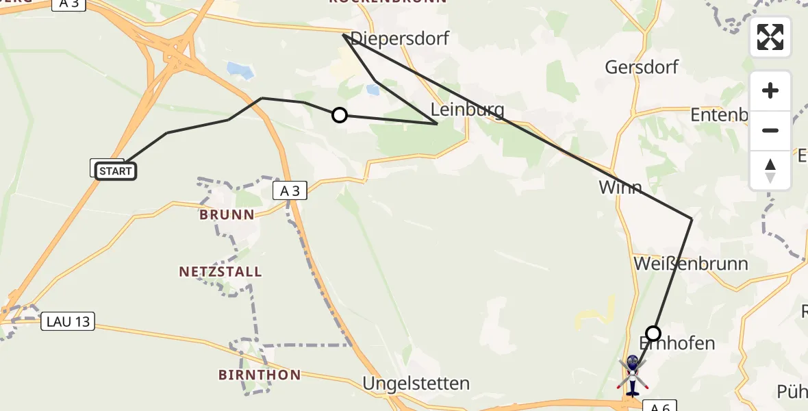 Flugroute Polizeihubschrauber Brunn - Winkelhaid, 21 Juli 2026, 12:10