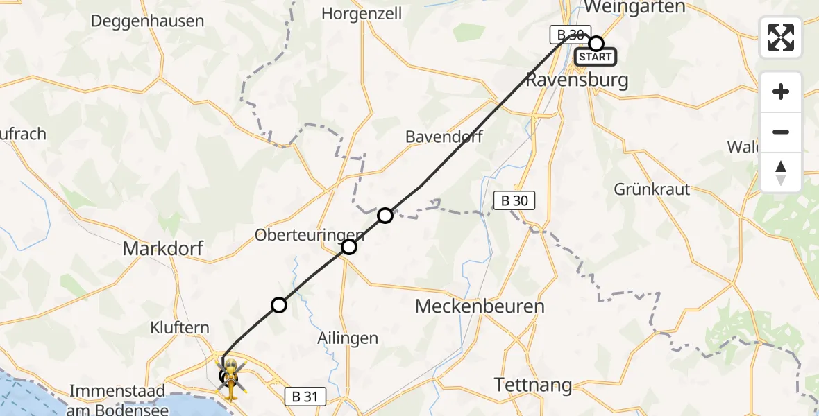 Flugroute Rettungshubschrauber Sankt Elisabeth Hospital - Friedrichshafen Hospital, 21 Juli 2026, 12:14