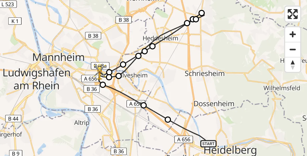 Flugroute Rettungshubschrauber Heidelberg - Mannheim-City Flughafen, 21 Juli 2026, 12:19