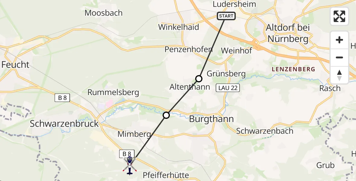 Flugroute Polizeihubschrauber Altdorf b.Nürnberg - Schwarzenbruck, 21 Juli 2026, 12:19