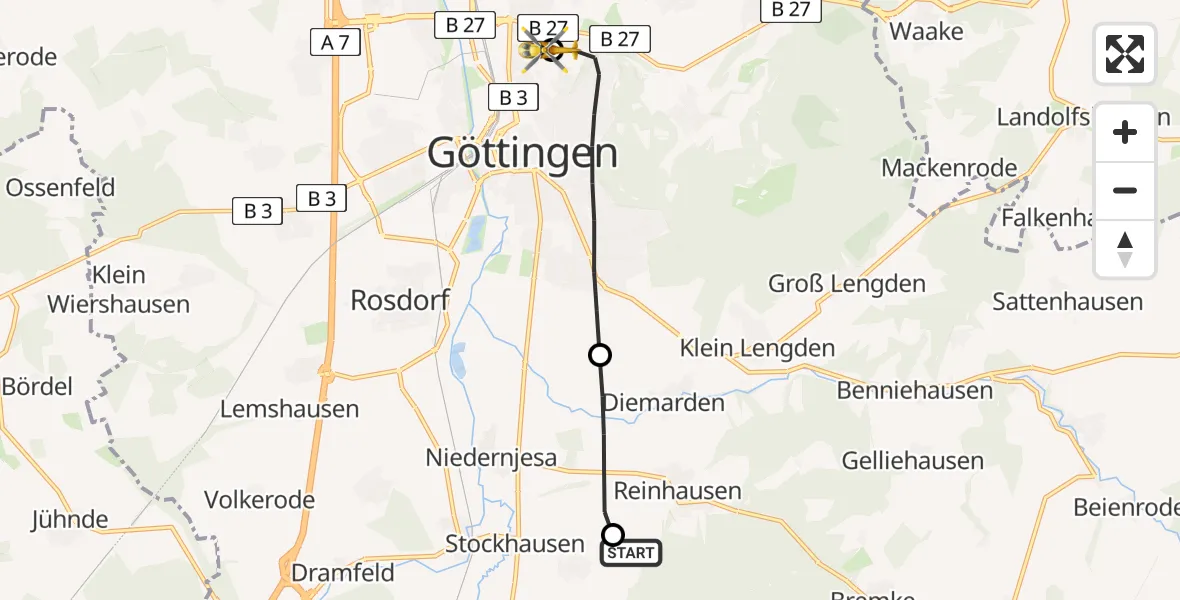 Flugroute Rettungshubschrauber Friedland - Göttingen University Clinic Hubschrauberlandeplatz, 21 Juli 2026, 12:21