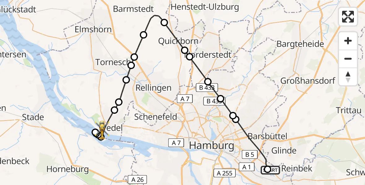 Flugroute Rettungshubschrauber Christoph Hansa ADAC Hubschrauberlandeplatz - Wedel, 21 Juli 2026, 12:21
