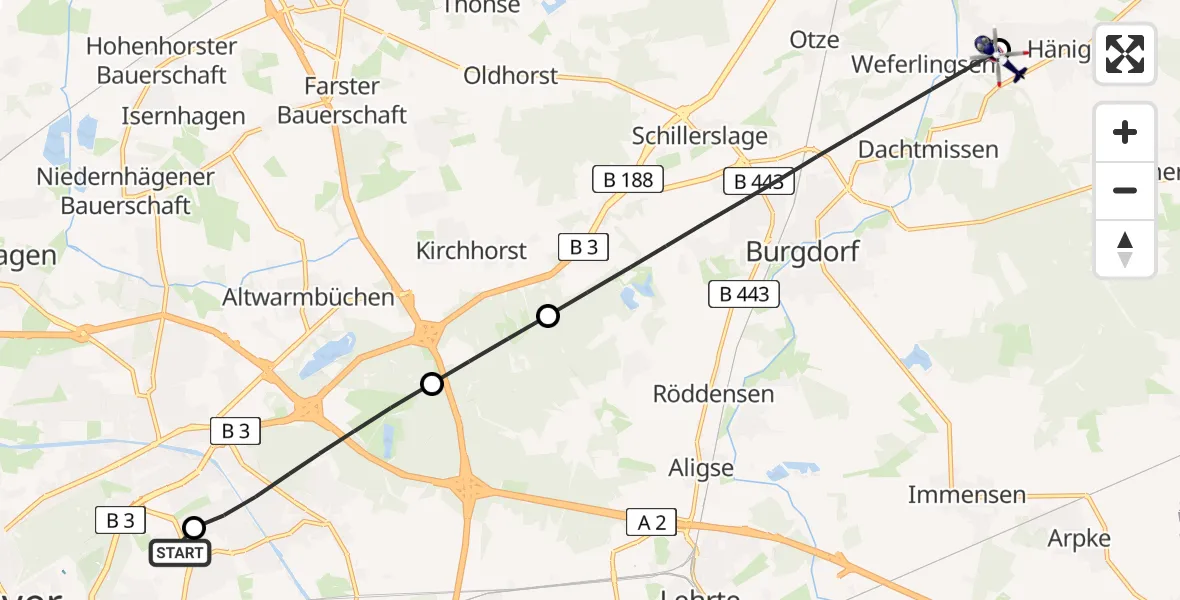 Flugroute Polizeihubschrauber Hannover Luftrettung Hubschrauberlandeplatz (Christoph 4) - Uetze, 21 Juli 2026, 12:22