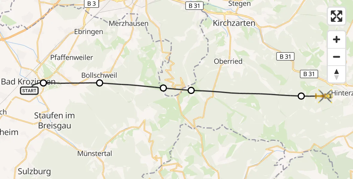 Flugroute Ambulanzhubschrauber Bad Krozingen - Hinterzarten, 21 Juli 2026, 12:23