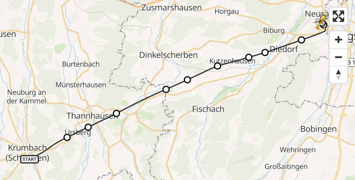 Flugroute Rettungshubschrauber Krumbach (Schwaben) - Augsburg University Hospital, 21 Juli 2026, 12:26