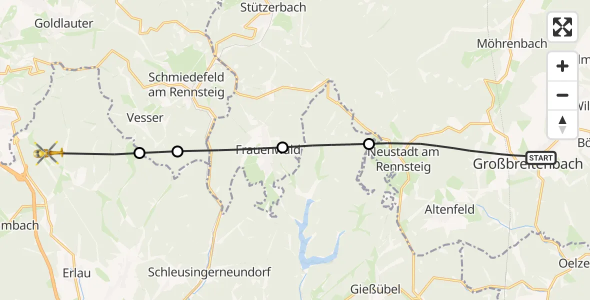Flugroute Rettungshubschrauber Großbreitenbach - Schleusingen, 21 Juli 2026, 12:28