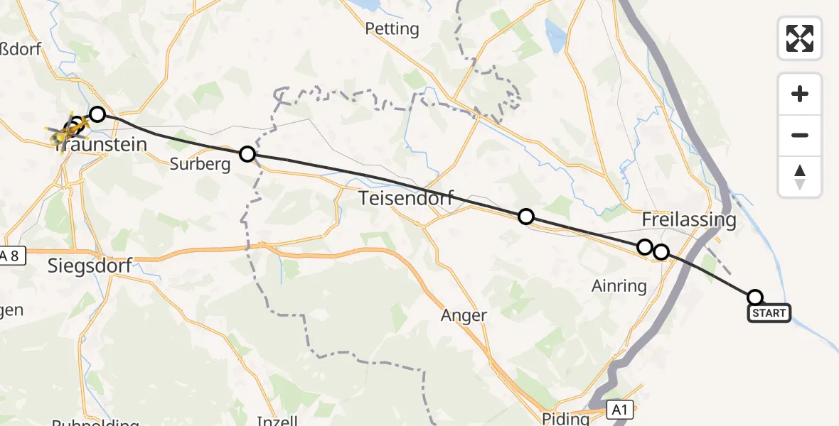 Flugroute Rettungshubschrauber Dachlandeplatz Heliport - Traunstein Hospital, 21 Juli 2026, 12:39