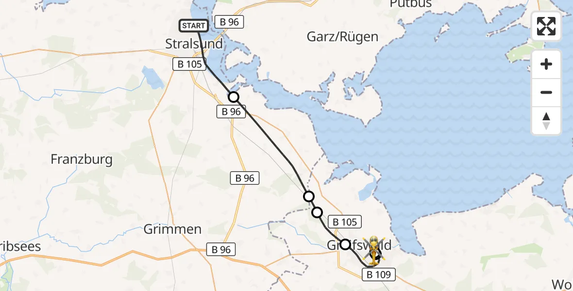 Flugroute Rettungshubschrauber Stralsund - Greifswald Hospital, 21 Juli 2026, 12:42