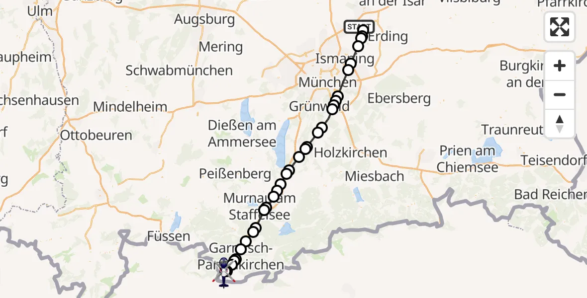 Flugroute Polizeihubschrauber München Flughafen - Grainau, 21 Juli 2026, 12:50