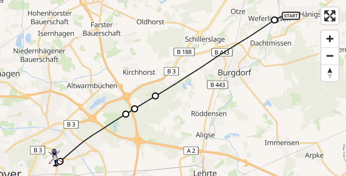 Flugroute Polizeihubschrauber Uetze - Hannover Luftrettung Hubschrauberlandeplatz (Christoph 4), 21 Juli 2026, 12:59