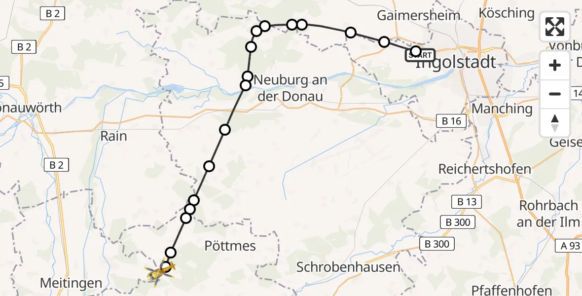 Flugroute Rettungshubschrauber Ingolstadt Hospital - Pöttmes, 21 Juli 2026, 13:01
