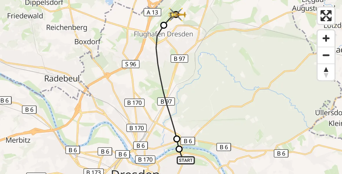 Flugroute Rettungshubschrauber Dresden University Hospital - Dresden Bundespolizei Hubschrauberlandeplatz, 21 Juli 2026, 13:02