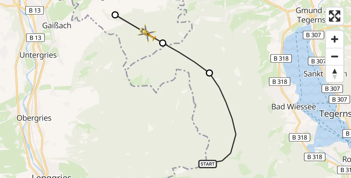Flugroute Rettungshubschrauber Bad Wiessee - Reichersbeuern, 21 Juli 2026, 13:02