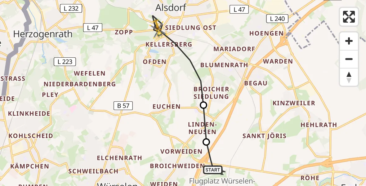 Flugroute Rettungshubschrauber Aachen-Merzbrück Flughafen - Alsdorf, 21 Juli 2026, 13:07
