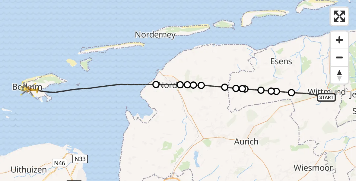 Flugroute Ambulanzhubschrauber Wittmund - Borkum Island Hospital Hubschrauberlandeplatz, 21 Juli 2026, 13:07