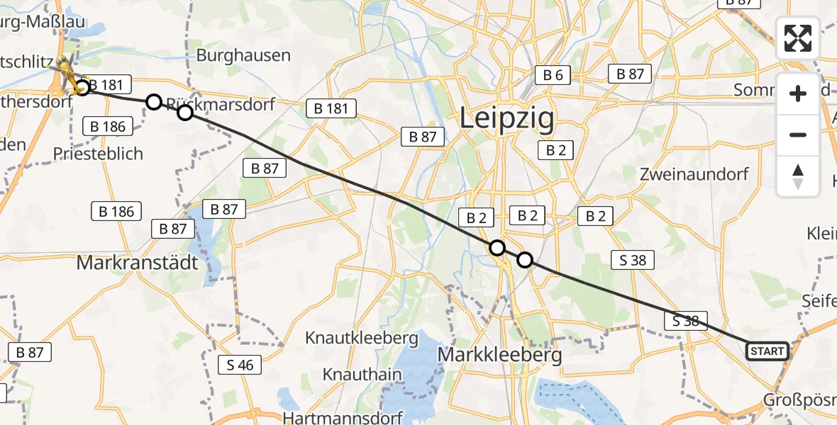 Flugroute Rettungshubschrauber Leipzig - ADAC Air Rescue Station Leipzig/Schkeuditz-Dölzig Hubschrauberlandeplatz (Christoph 61), 21 Juli 2026, 13:07
