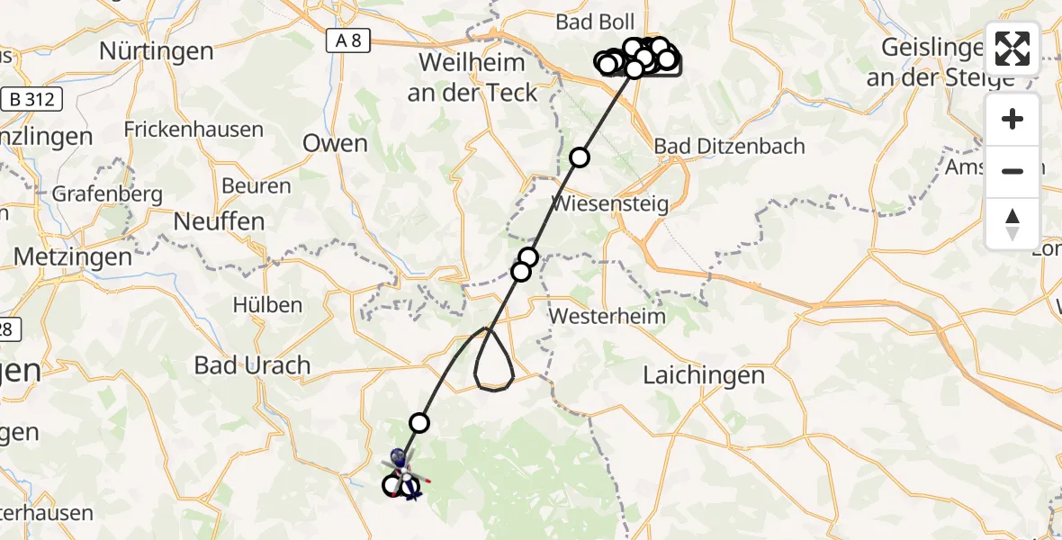 Flugroute Polizeihubschrauber Gruibingen-Nortel Flugplatz - Gutsbezirk Münsingen, 21 Juli 2026, 13:15