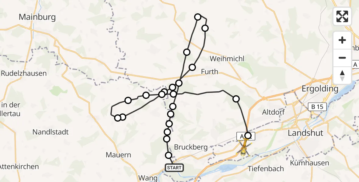 Flugroute Rettungshubschrauber Bruckberg - Landshut, 21 Juli 2026, 13:15