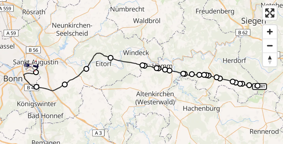 Flugroute Polizeihubschrauber Burbach - Sankt Augustin, 21 Juli 2026, 13:15