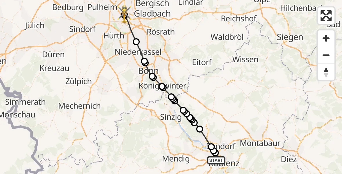 Flugroute Ambulanzhubschrauber Koblenz - Sankt Vinzenz Hospital, 21 Juli 2026, 13:17