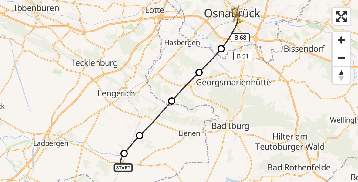 Flugroute Ambulanzhubschrauber Lienen - Osnabrück, 21 Juli 2026, 13:18
